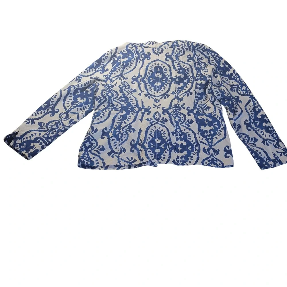 Chico's 3 (US 16) Hook Front‎ Jacket Blue White Damask Pattern READ Damask